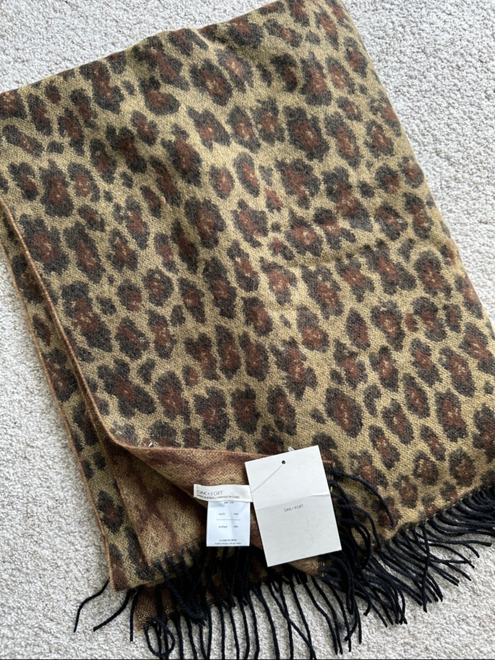 OAK + FORT Leopard Print Fringe Scarf in Brown and Black